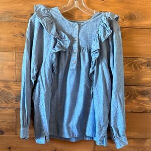 J. Crew Chambray Ruffle-Trim Long Sleeve Top in Light Blue